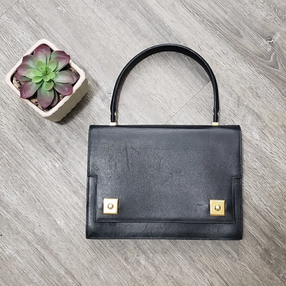 Vintage Genuine Leather Top Handle Handbag Black Gold